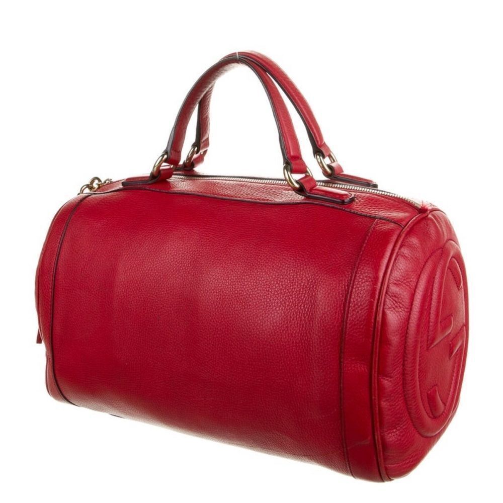 Auth Gucci Red Leather SoHo Boston Bowler Doctor Top Handle Tote Bag Duffel
